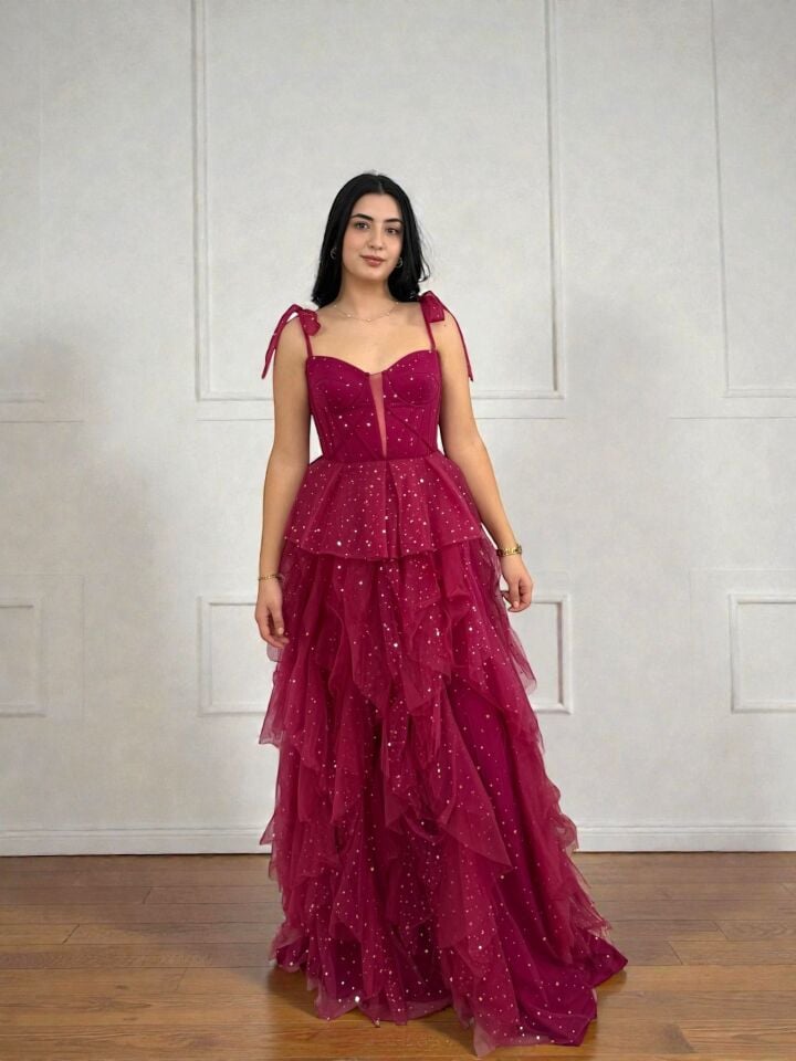 Siana Korseli Katlı Model Pembe Renk Abiye Elbise 40