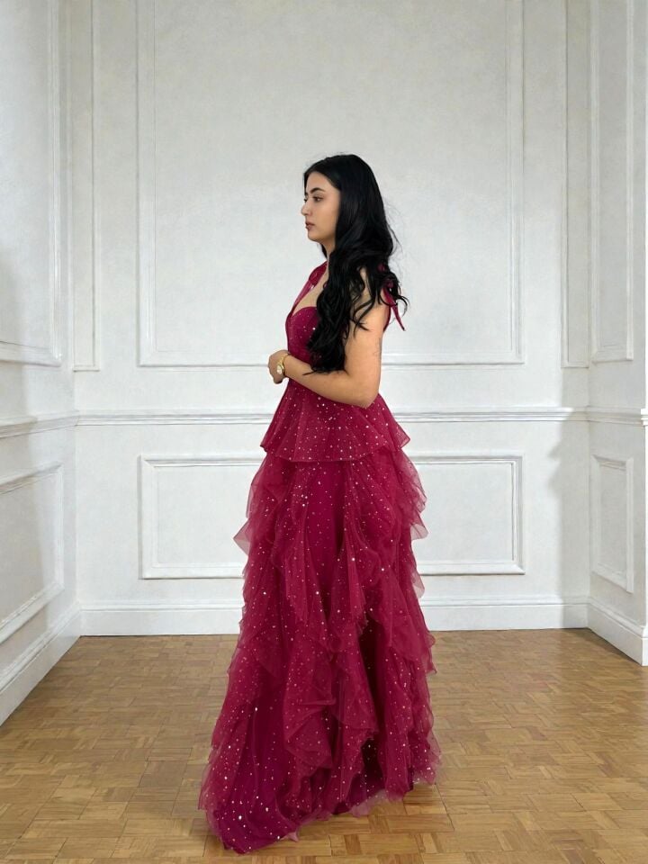 Siana Korseli Katlı Model Pembe Renk Abiye Elbise 36 - Mavi