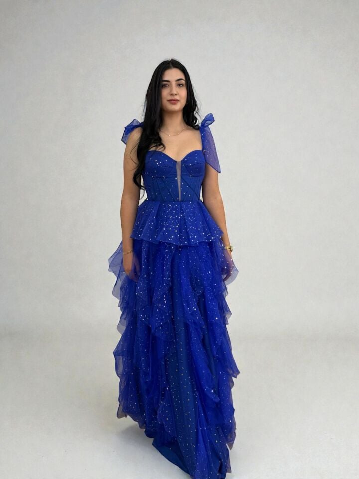 Siana Korseli Katlı Model Pembe Saks Renk Abiye Elbise