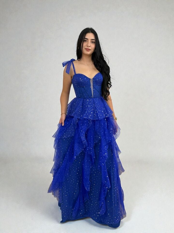 Siana Korseli Katlı Model Pembe Saks Renk Abiye Elbise 36