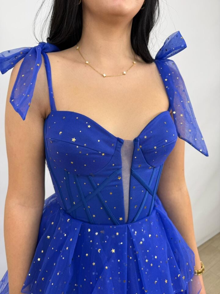 Siana Korseli Katlı Model Pembe Saks Renk Abiye Elbise