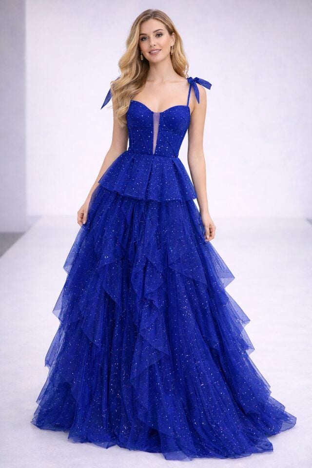 Siana Korseli Katlı Model Pembe Saks Renk Abiye Elbise 40