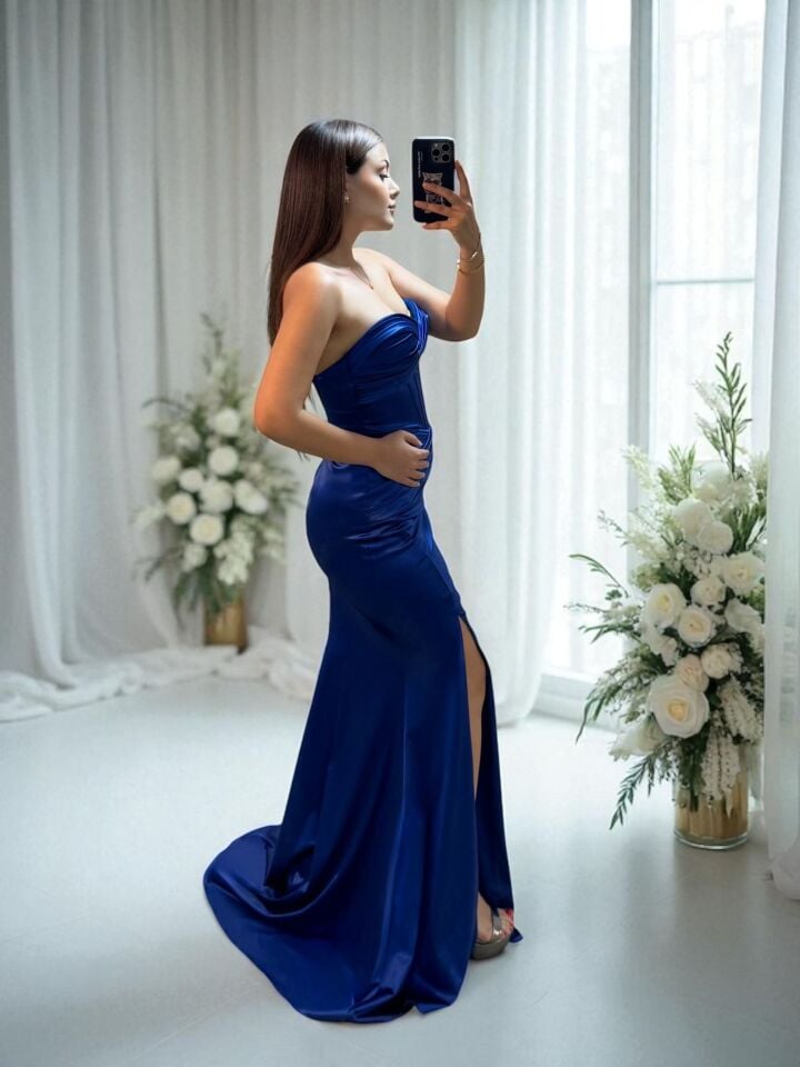 Aura Korseli Balık Model Saten Straplez Lacivert Renk Abiye Elbise