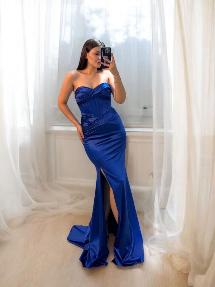 Aura Korseli Balık Model Saten Straplez Lacivert Renk Abiye Elbise