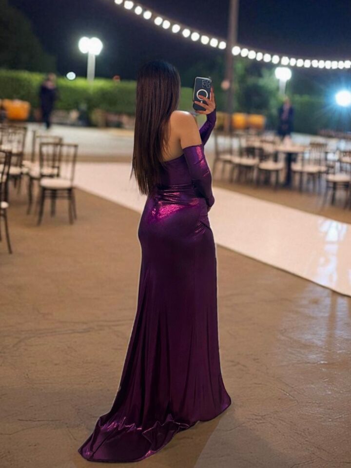 Liva Parlak Kumaşlı Mor Renk Abiye Elbise