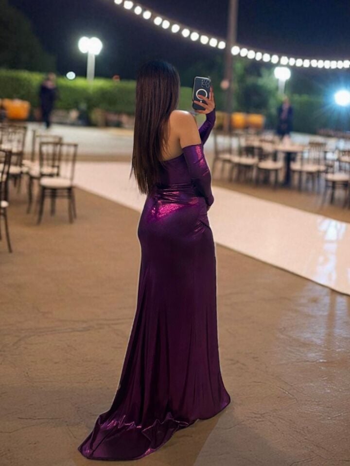 Liva Parlak Kumaşlı Mor Renk Abiye Elbise 42