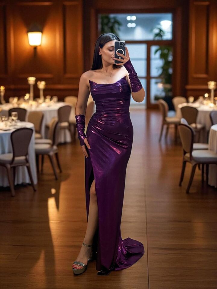 Liva Parlak Kumaşlı Mor Renk Abiye Elbise 42