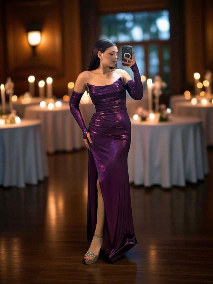 Liva Parlak Kumaşlı Mor Renk Abiye Elbise 42