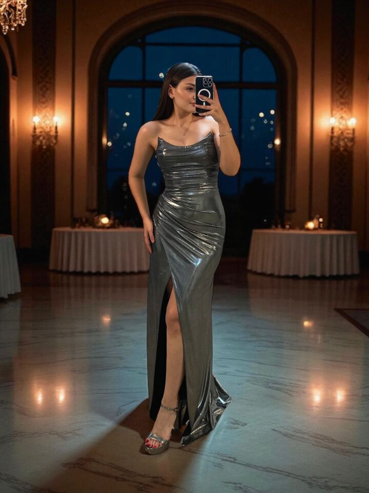 Liva Parlak Kumaşlı Gümüş Renk Abiye Elbise 42