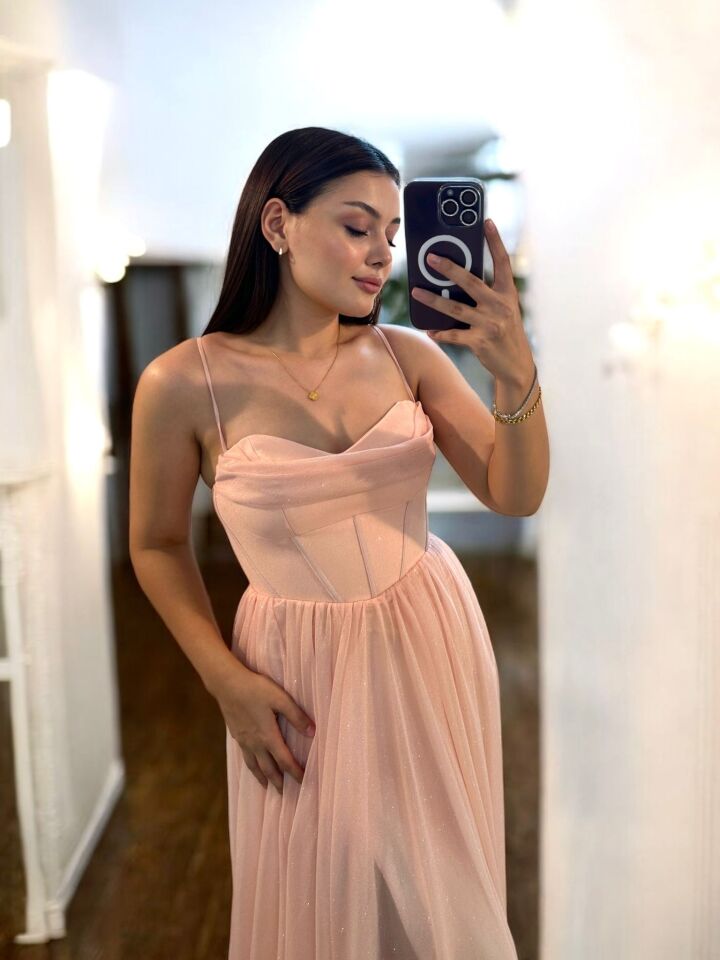 Elsa Simli Tülden Korse Detaylı Pudra Pembesi Abiye Elbise 40