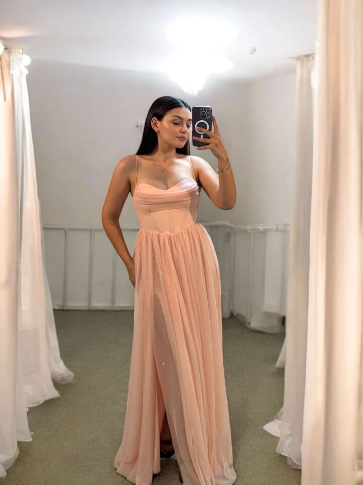 Elsa Simli Tülden Korse Detaylı Pudra Pembesi Abiye Elbise 38