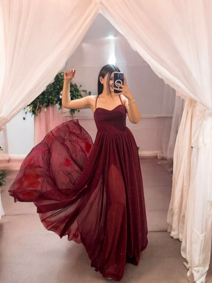 Elsa Simli Tülden Korse Detaylı Bordo Abiye Elbise 36