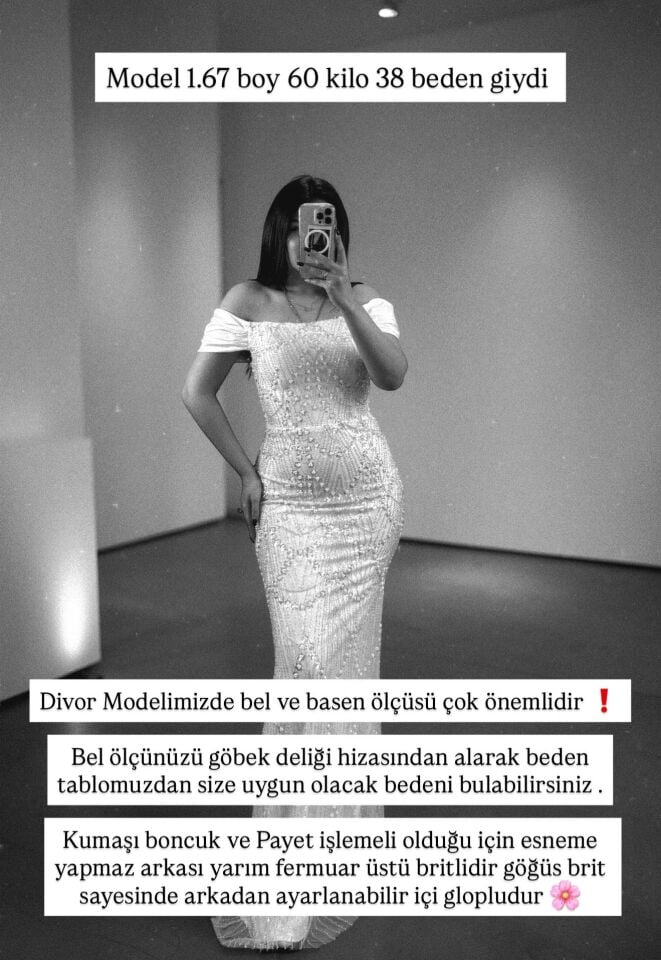 Divor Boncuk Ve Payet İşlemeli Düşük Kollu Kırık Beyaz Abiye Elbise 36