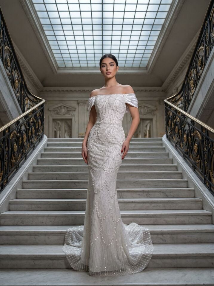 Divor Boncuk Ve Payet İşlemeli Düşük Kollu Kırık Beyaz Abiye Elbise 42