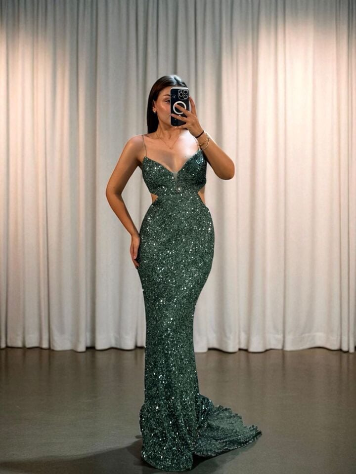 Ravin Payetli Balık Model Pencere Detaylı Turkuvaz Abiye Elbise