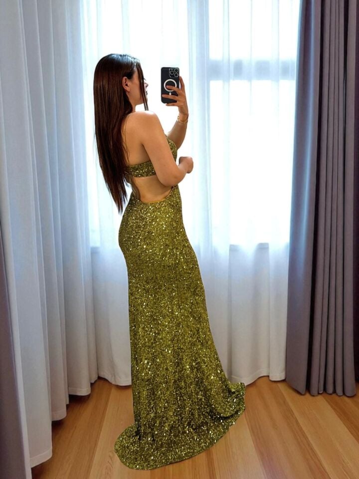 Ravin Payetli Balık Model Pencere Detaylı Yeşil Abiye Elbise 38