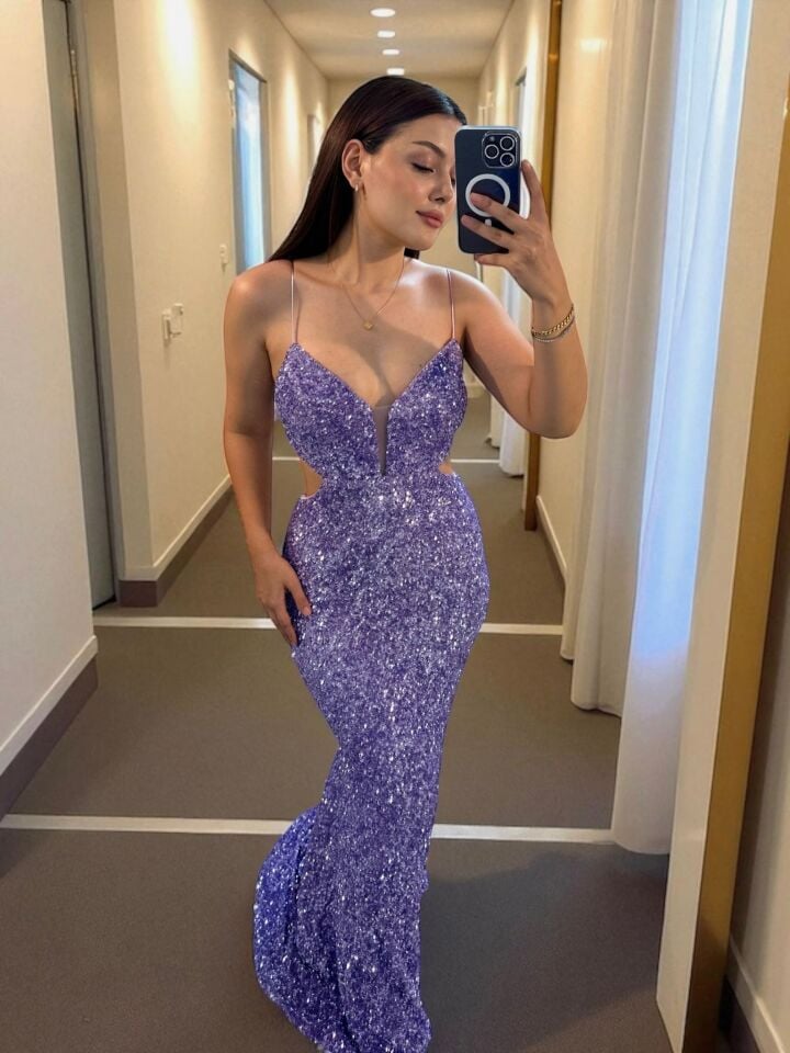 Ravin Payetli Balık Model Pencere Detaylı Lila Abiye Elbise 36