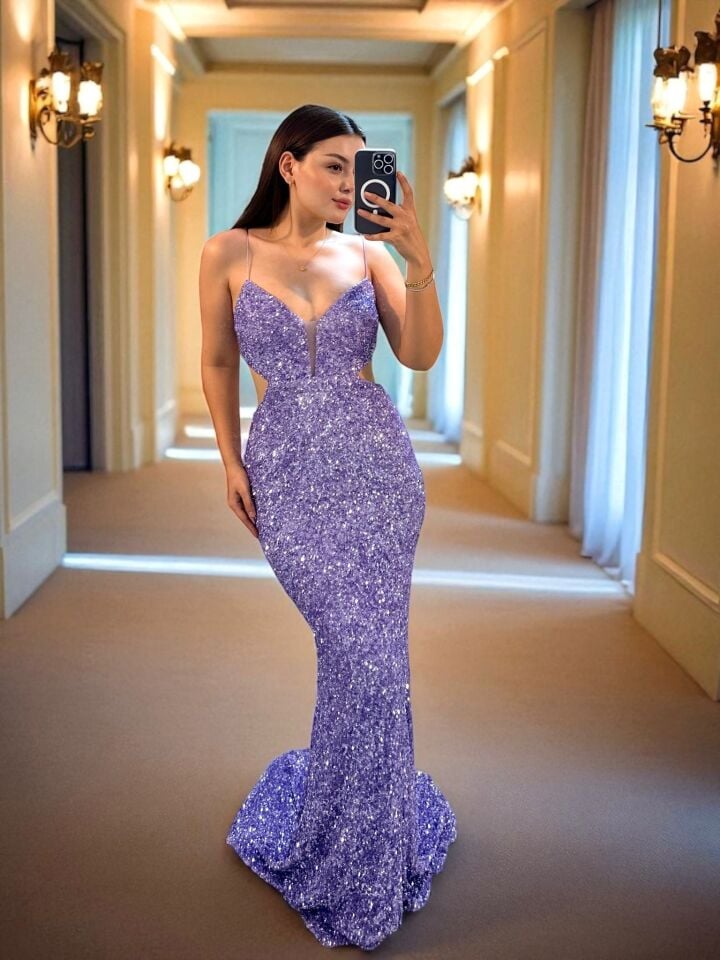 Ravin Payetli Balık Model Pencere Detaylı Lila Abiye Elbise