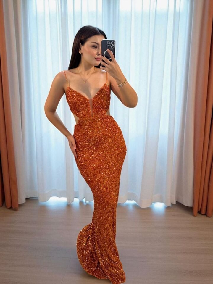 Ravin Payetli Balık Model Pencere Detaylı Turuncu Abiye Elbise