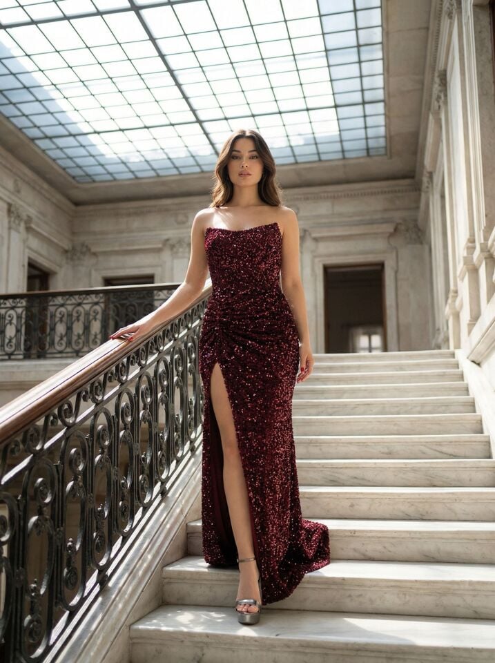 Glam Straplez Full Payetli Bordo Renk Balık Model Abiye Elbise 42
