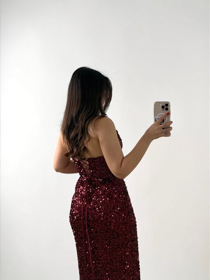 Glam Straplez Full Payetli Bordo Renk Balık Model Abiye Elbise 42