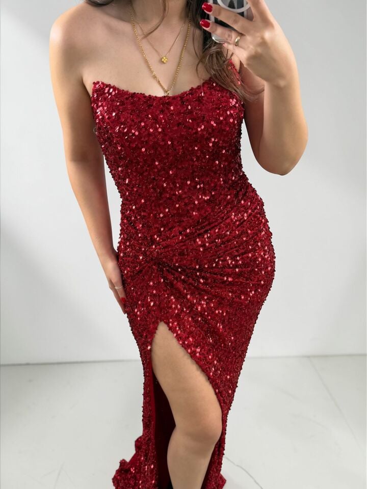 Glam Straplez Full Payetli Kırmızı Renk Balık Model Abiye Elbise