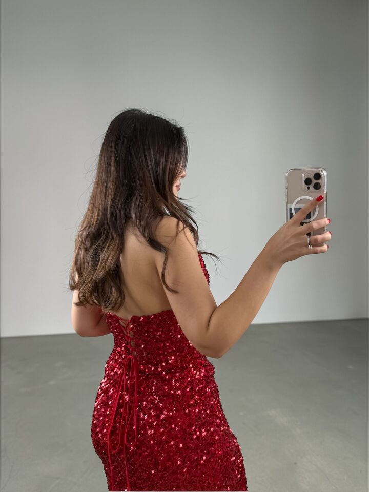 Glam Straplez Full Payetli Kırmızı Renk Balık Model Abiye Elbise 40