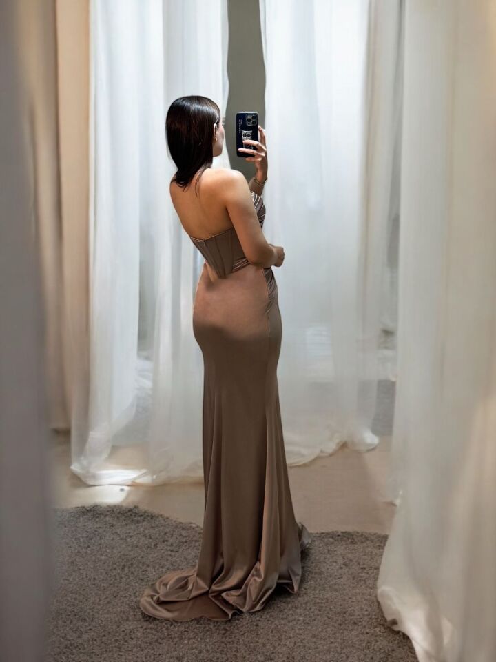 Aura Korseli Balık Model Saten Straplez Vizon Renk Abiye Elbise 36