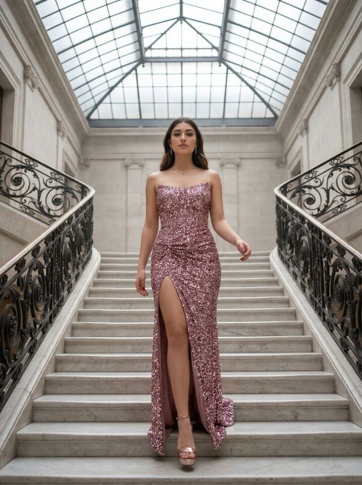 Glam Straplez Full Payetli Pembe Renk Balık Model Abiye Elbise 42
