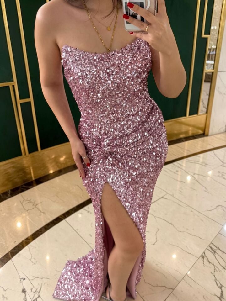 Glam Straplez Full Payetli Pembe Renk Balık Model Abiye Elbise 42