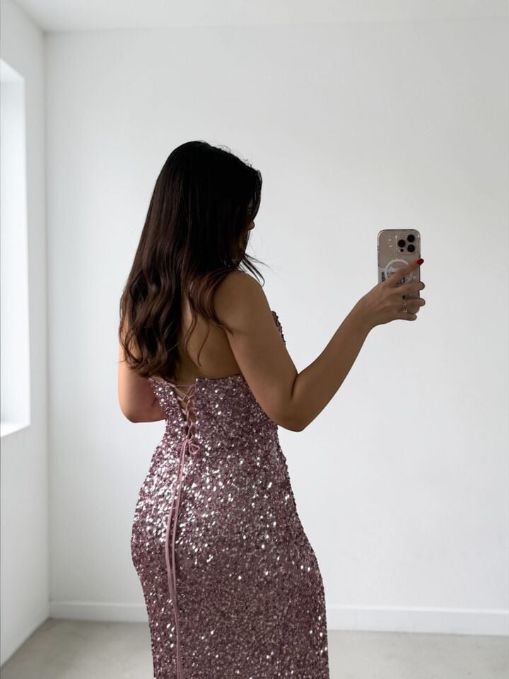 Glam Straplez Full Payetli Pembe Renk Balık Model Abiye Elbise 36