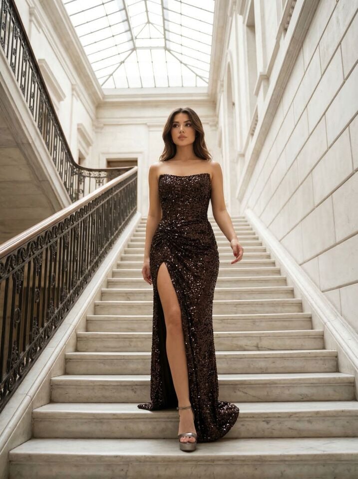 Glam Straplez Full Payetli Kahverengi Renk Balık Model Abiye Elbise 42