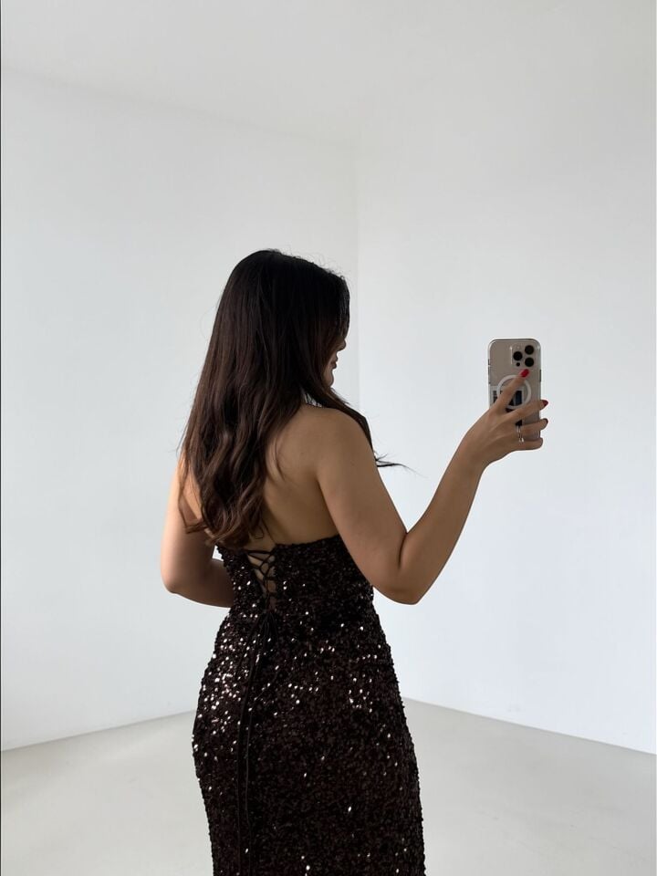 Glam Straplez Full Payetli Kahverengi Renk Balık Model Abiye Elbise 36