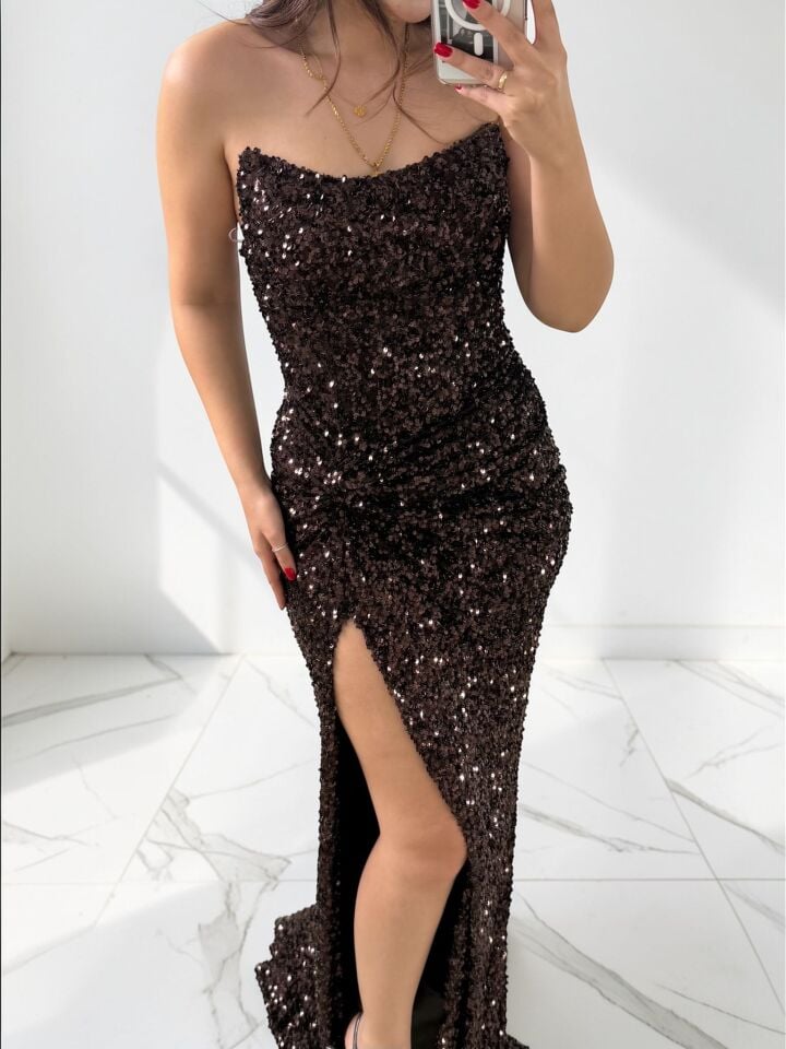 Glam Straplez Full Payetli Kahverengi Renk Balık Model Abiye Elbise 42