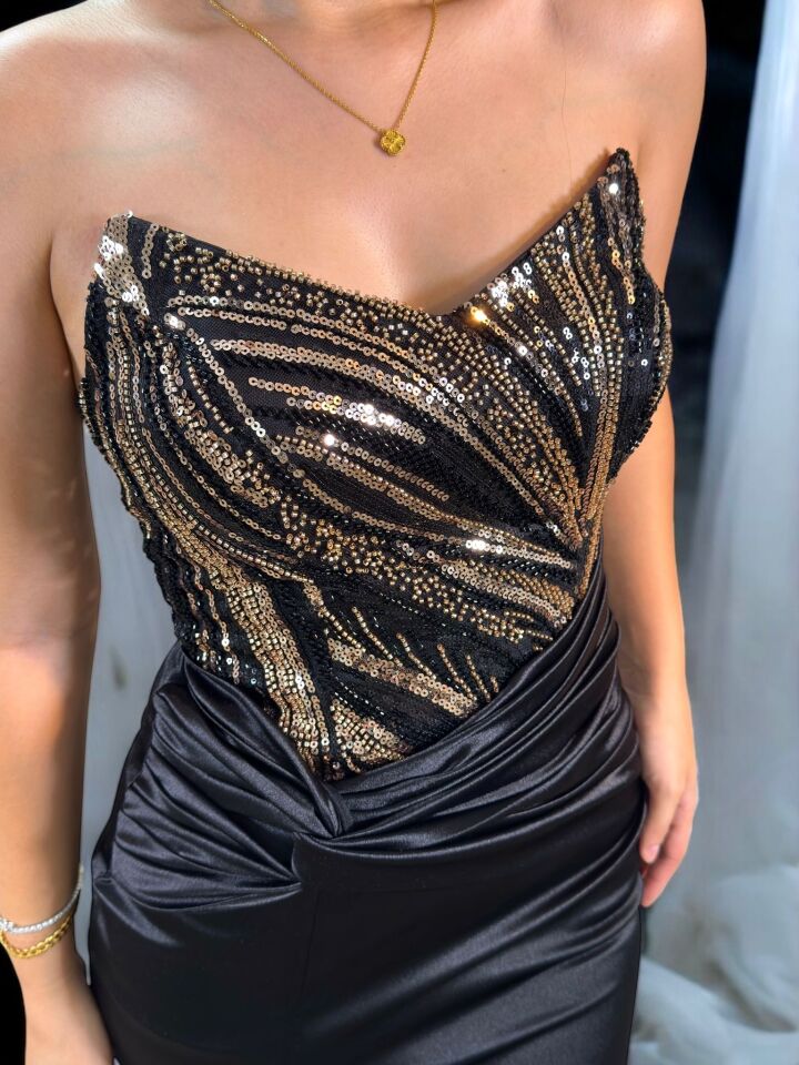 Safir Göğsü Payet İşlemeli Beli Düğüm Detaylı Siyah Renk Saten Abiye Elbise 36