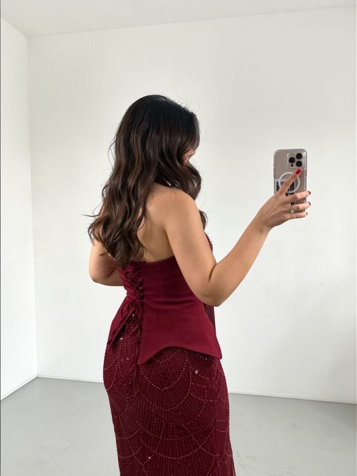 Milas Pelerinli Korse Ve İşleme Detaylı Balık Kesim Bordo Abiye Elbise 42