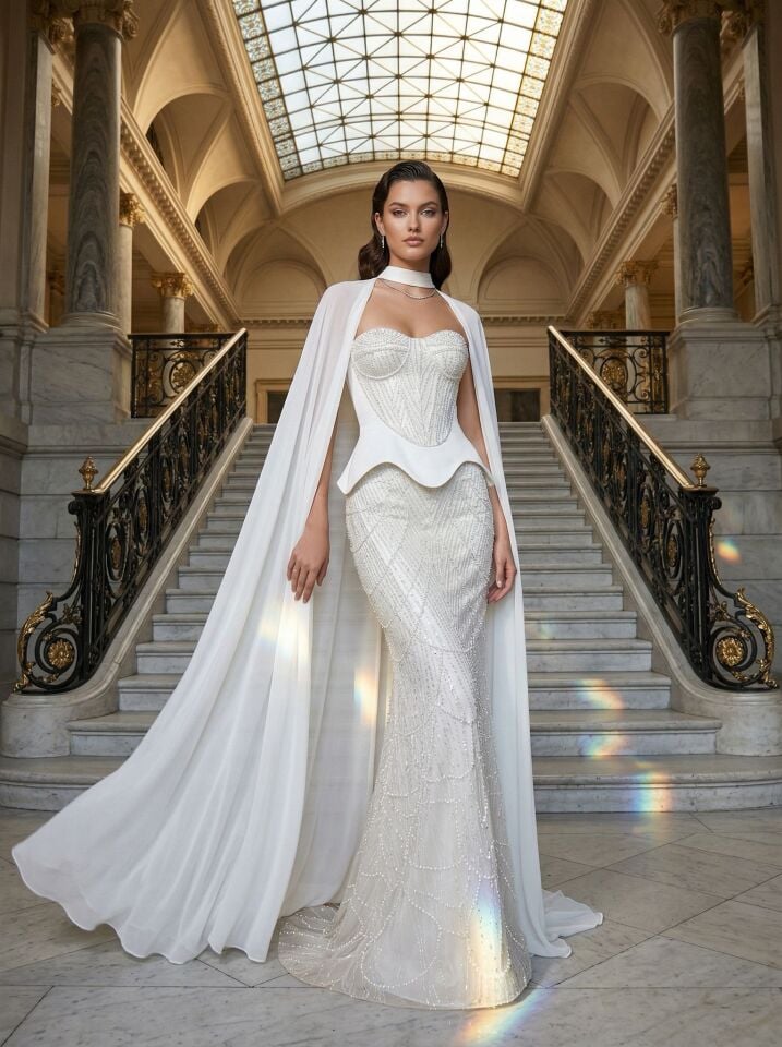 Milas Pelerinli Korse Ve İşleme Detaylı Balık Kesim Kırık Beyaz Abiye Elbise 42