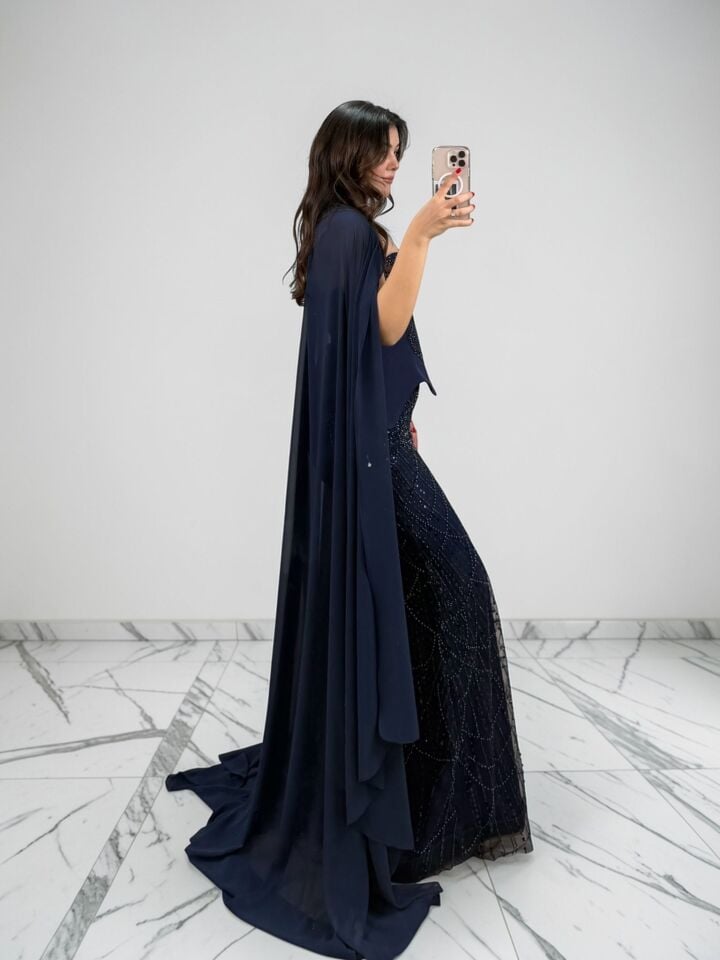 Milas Pelerinli Korse Ve İşleme Detaylı Balık Kesim Lacivert Abiye Elbise 36