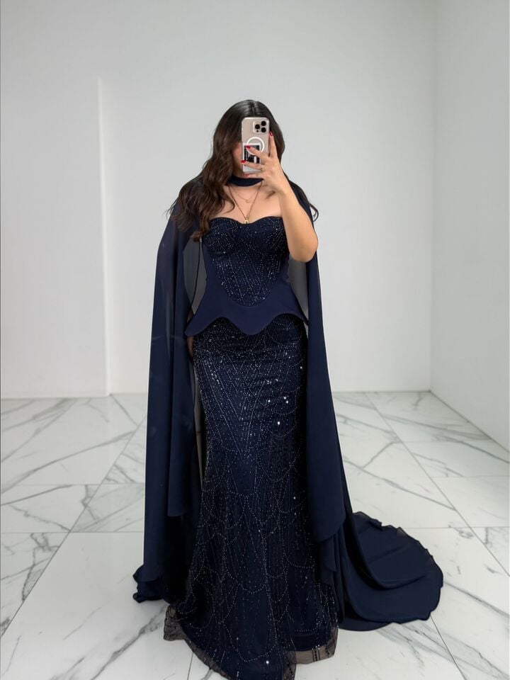 Milas Pelerinli Korse Ve İşleme Detaylı Balık Kesim Lacivert Abiye Elbise 36