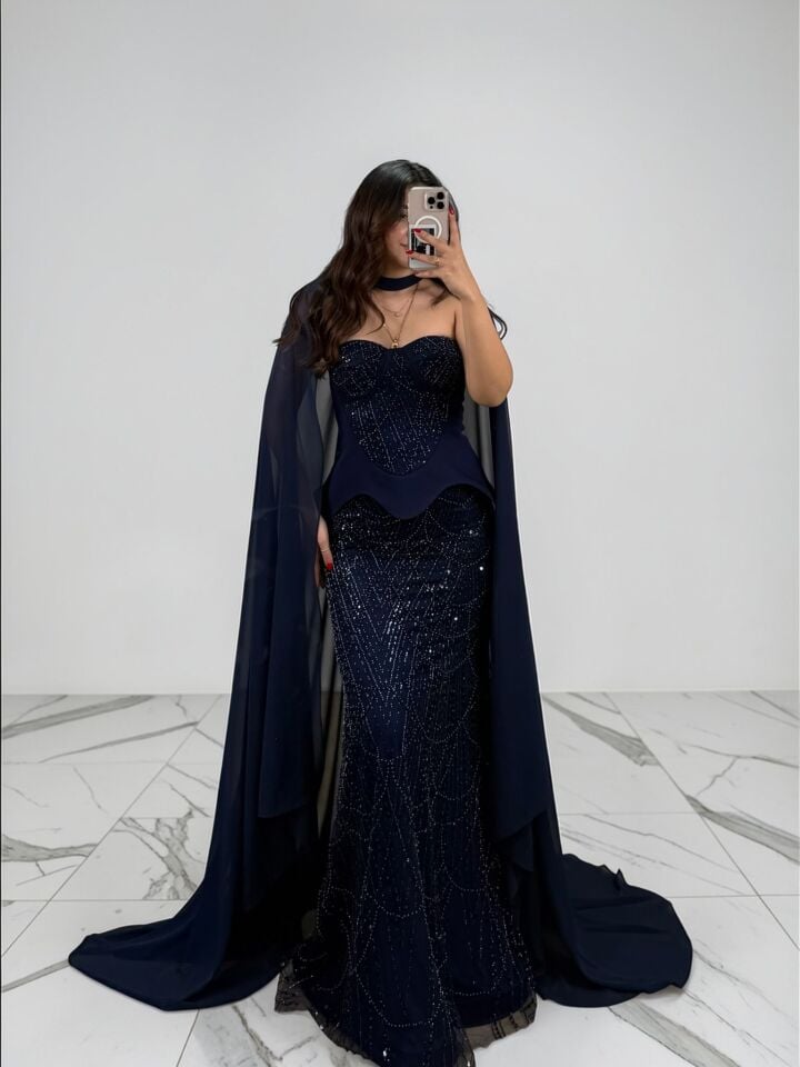 Milas Pelerinli Korse Ve İşleme Detaylı Balık Kesim Lacivert Abiye Elbise 36