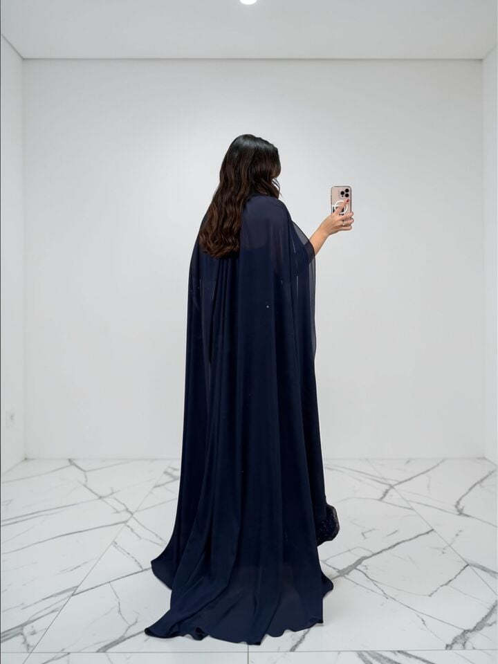 Milas Pelerinli Korse Ve İşleme Detaylı Balık Kesim Lacivert Abiye Elbise 36