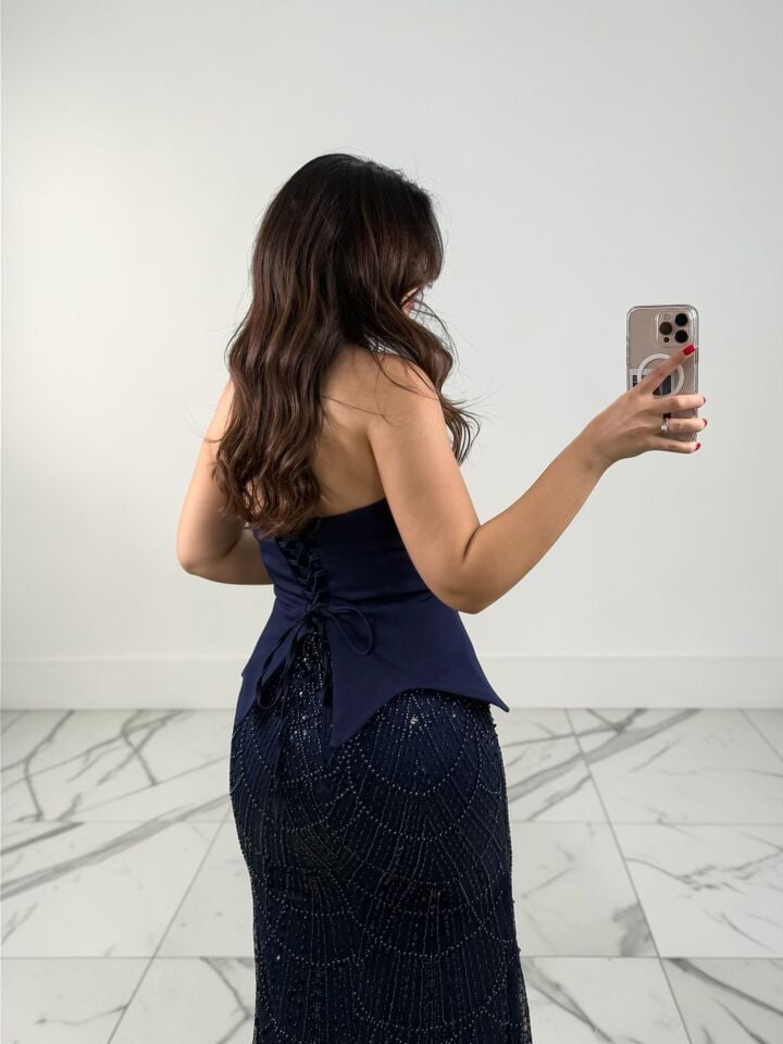 Milas Pelerinli Korse Ve İşleme Detaylı Balık Kesim Lacivert Abiye Elbise 36