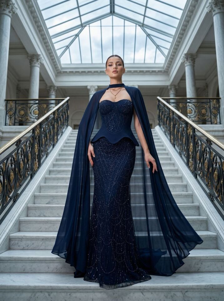 Milas Pelerinli Korse Ve İşleme Detaylı Balık Kesim Lacivert Abiye Elbise 42