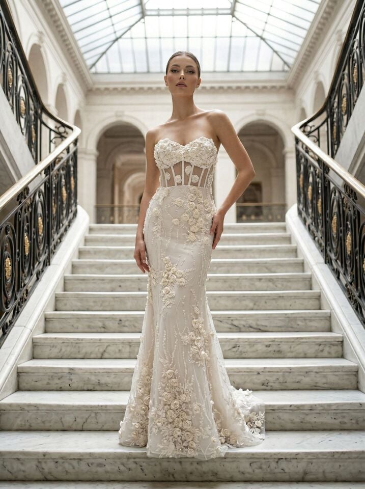 Flora Üç Boyutlu Çiçek İşlemeli Balık Kesim Beyaz Abiye Elbise 34