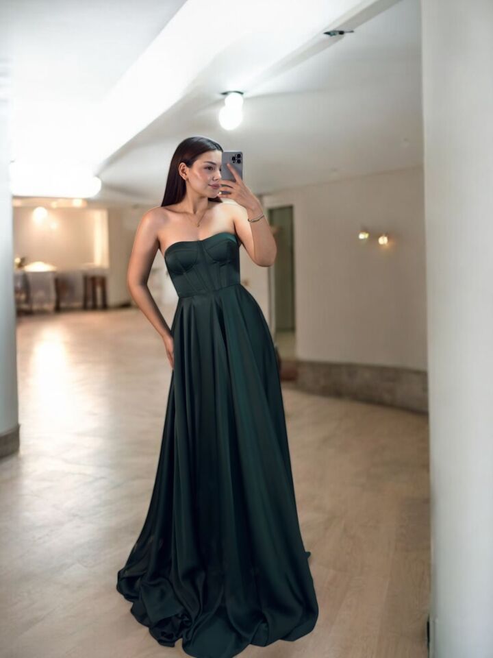 Zaris Saten Korse Ve Yırtmaç Detaylı Yeşil Abiye Elbise 40