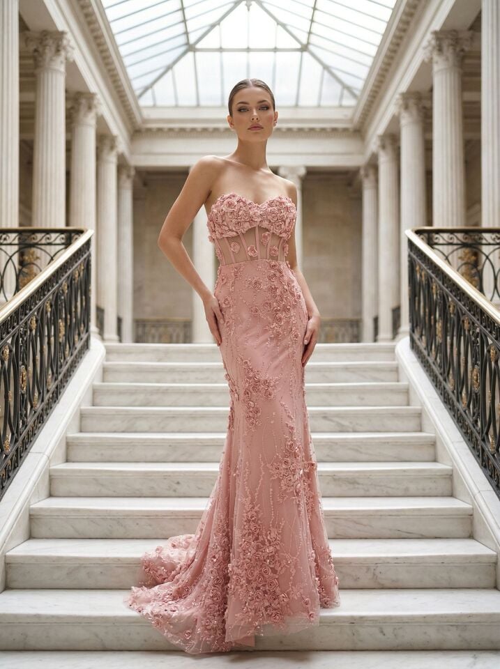 Flora Üç Boyutlu Çiçek İşlemeli Balık Kesim Pudra Pembe Abiye Elbise 34