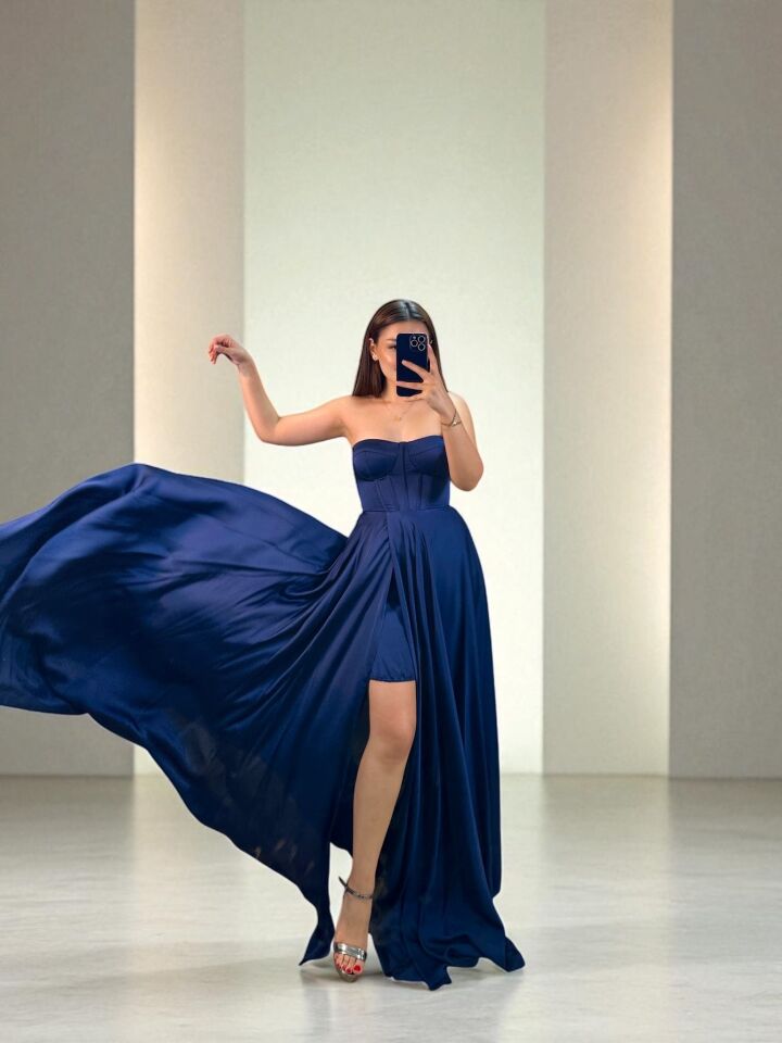 Zaris Korse Ve Yırtmaç Detaylı Lacivert Abiye Elbise 38