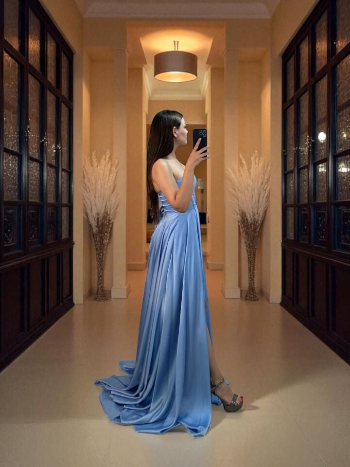 Zaris Saten Korse Ve Yırtmaç Detaylı Bebe Mavisi Abiye Elbise 40