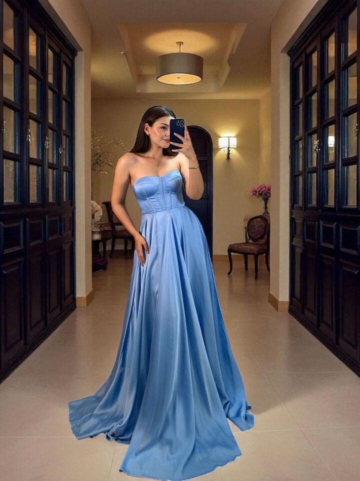 Zaris Saten Korse Ve Yırtmaç Detaylı Bebe Mavisi Abiye Elbise 40