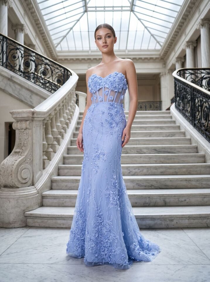 Flora Üç Boyutlu Çiçek İşlemeli Balık Kesim Bebe Mavi Abiye Elbise 40